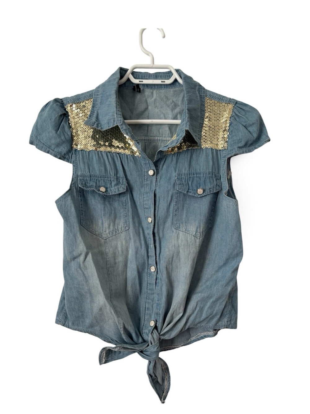 Sparkly Sequin Accent Denim Tie-Front Short Sleeve Top light wash size XS
